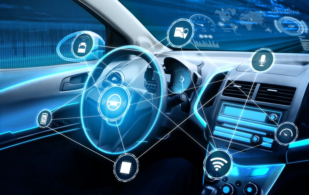 Interface tecnológica dentro de um carro com elementos de inteligência artificial