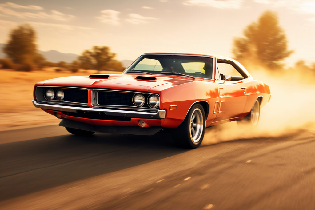 Muscle car clássico vermelho acelerando em uma estrada, levantando poeira ao entardecer, com árvores e horizonte ao fundo.