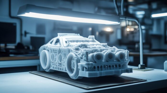 Modelo de carro em impressão 3D em um laboratório iluminado, representando inovação na produção automotiva.