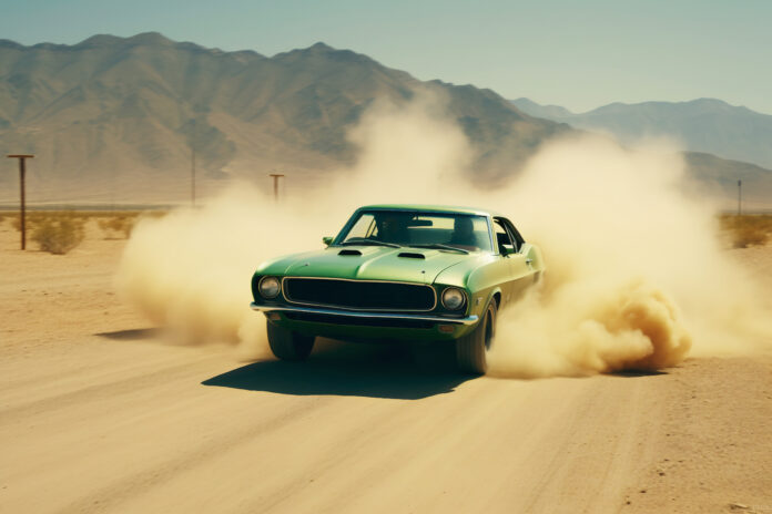 Muscle car verde em alta velocidade no deserto, levantando poeira, com montanhas ao fundo.