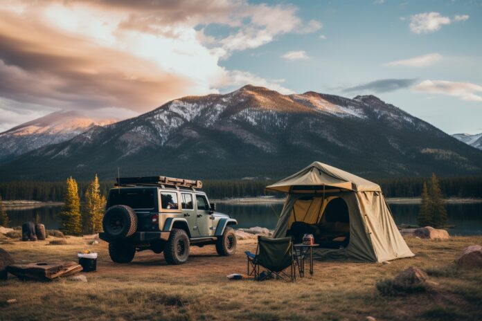 Acampamento com veículo 4x4 e barraca montada ao lado de um lago, com montanhas ao fundo, durante uma viagem de overlanding na América do Sul.